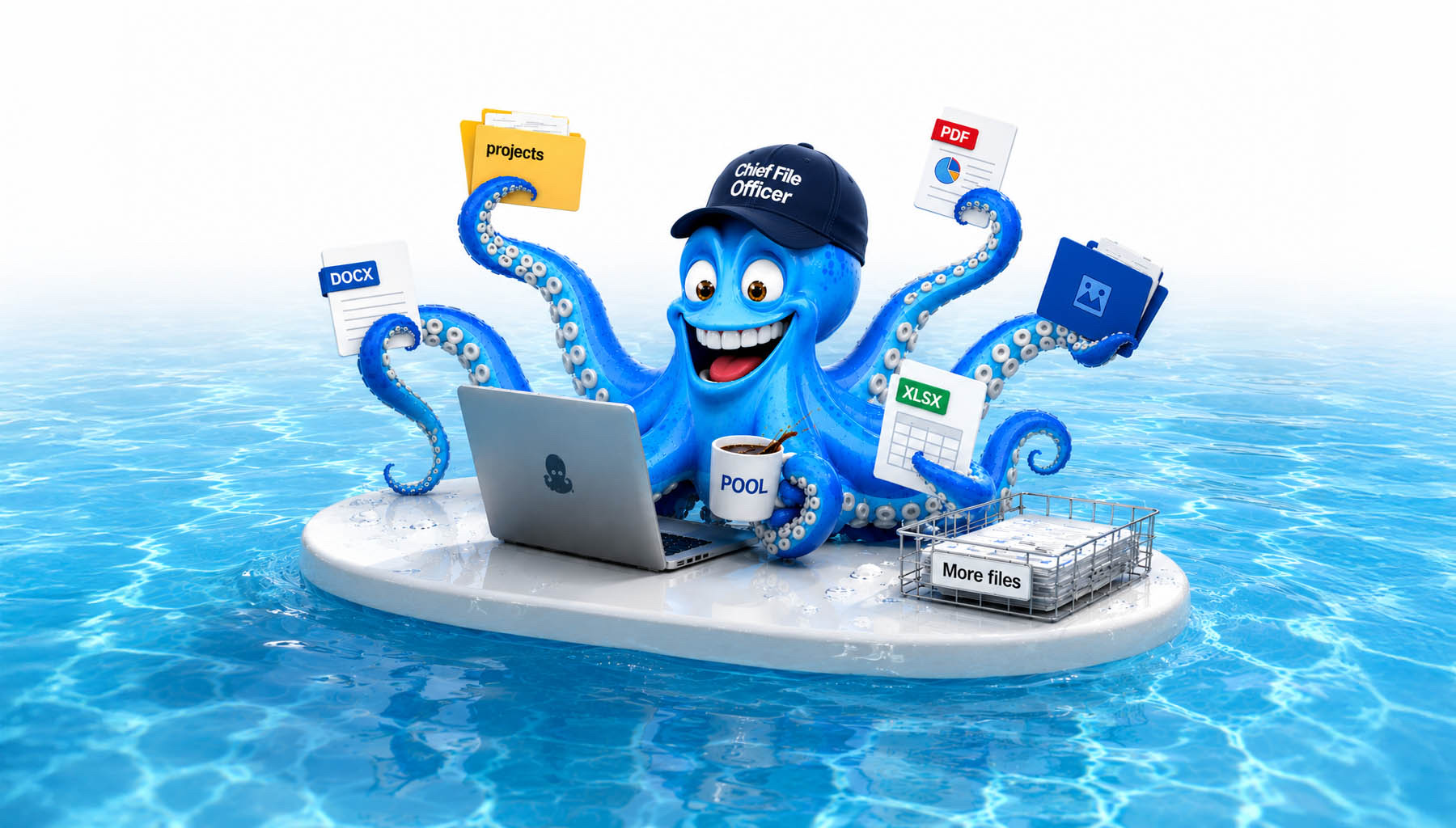 POOL octopus working on a laptop while floating in a pool, surrounded by files
